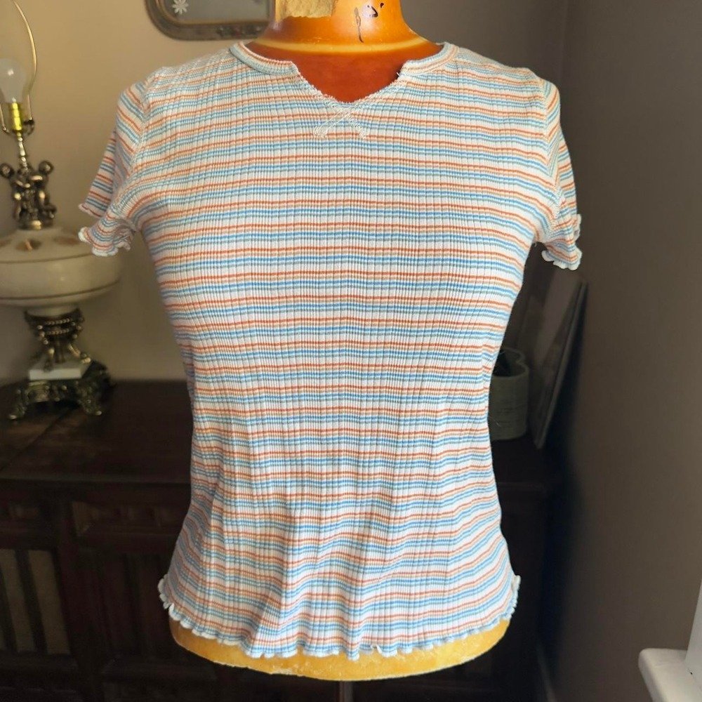 Y2K Multicolor Striped Ribbed Lettuce Trim Notch Neck Stretch Baby Tee Womens M